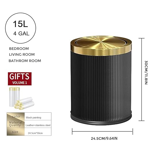 15L/4GAL Black Bathroom Trash can,Gold Bathroom Garbage can with lid,Small Trash Can with Flipping Lid, Garbage cans for Bedroom, Kitchen,Living Room.(15L-Black)