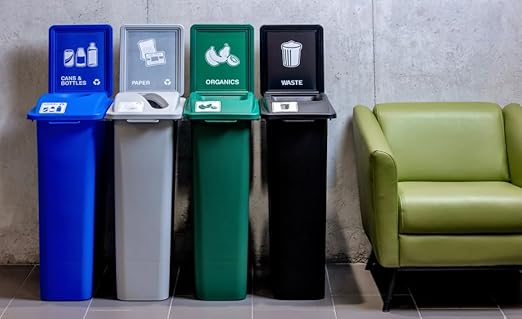Waste Wise 69 Gallon Recycled HDPE Waste and Recycling Center for Commercial Spaces for Organics, Cans, Waste with Lids with Signs