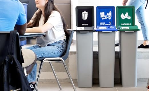 Waste Wise 69 Gallon Recycled HDPE Waste and Recycling Center for Commercial Spaces for Organics, Recycling, Waste with Lids with Signs