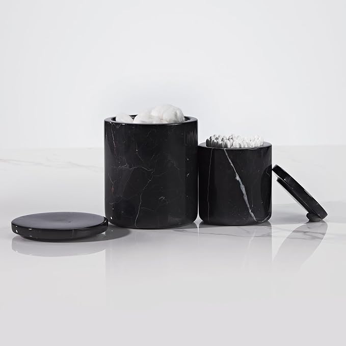 Black Natural Marble Storage Jar with Lid, 3 Inch Dia 3.5 Inch Ht Elegant Stone Canister, Damp-Proof Cosmetic Container for Cotton Swabs, Jewery, Bathroom Bath Salt, Kitchen Jar for Sugar, Coffee