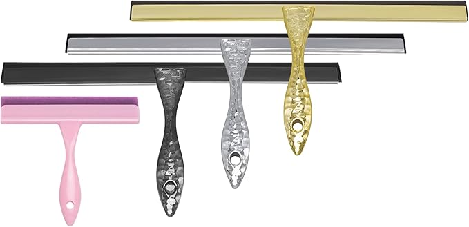2-Pack Shower Squeegee for Glass Doors, 12 inch Gold Stainless Steel & 5 inch Pink Mini with 2 Gold Hooks, Non-Slip Hammered Handle, Silicone Wiper for Shower, Bathroom, Tile and Mirror