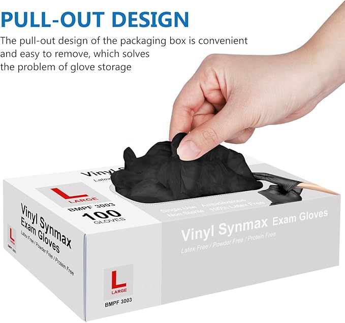squish Disposable Gloves Black, 100 Count 4 mil Vinyl Gloves Exam Glove Latex Free Powder-Free Cleaning Rubber Glove for Kitchen Cooking Cleaning Food Handling(Large)