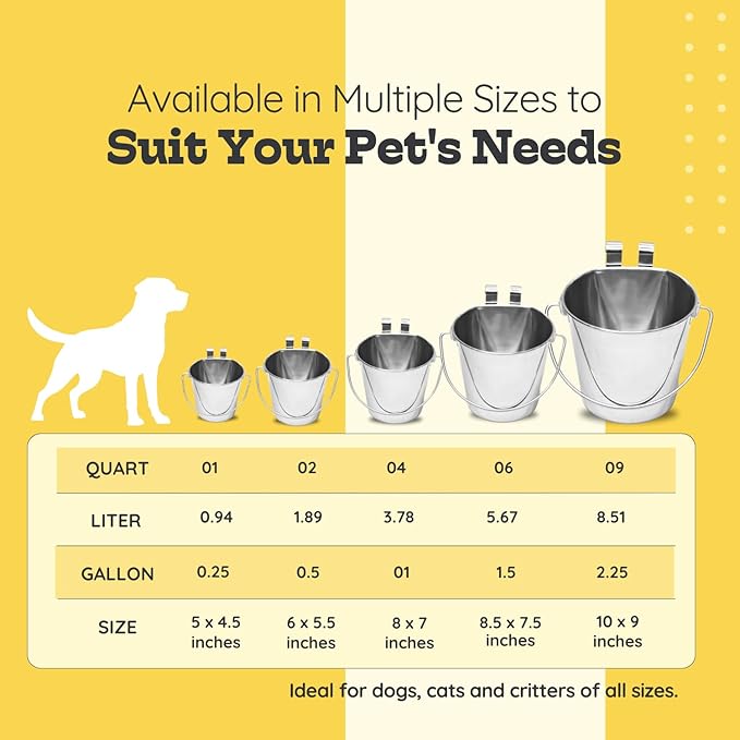 4 Quart Stainless Steel Flat Sided Bucket with Dual Hooks | Durable Food & Water Bowl for Dogs, Cats, Goat & Livestock | Fits kennel Cage Critter Crate Hanging Pet Pail | Multipurpose use