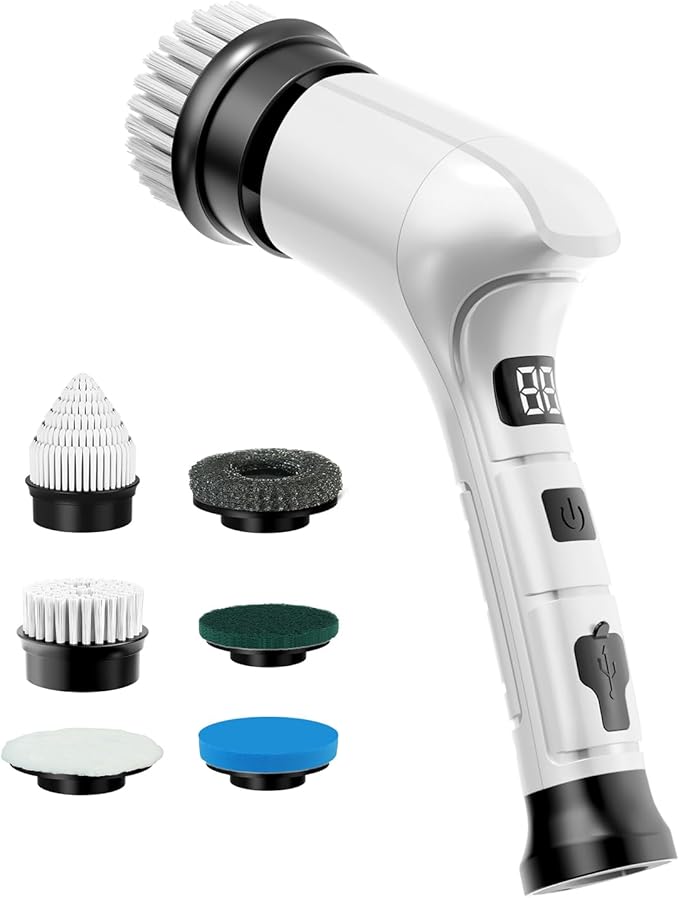 Electric Spin Scrubber, Cordless Household Cleaning Brush with 6 Replaceable Heads, 3 Speeds, LED Display, Lightweight Handheld Power Scrubber for Cleaning Stove/Bowl/Sink/Corner/Tile/Grout-White