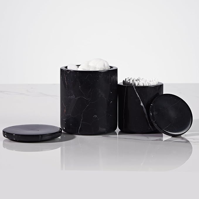 Black Marble Canister with Lid, Natural Marble Bathroom Qtip Holder Storage, 3.75 Inch Dia x 4.5 Inch Ht High Capacity Damp Proof Container for Cotton Swabs, Jewery, Bathroom Bath Salt