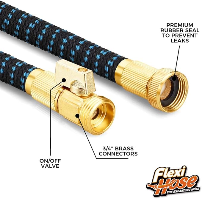Flexi Hose with 8 Function Nozzle, 100FT - Lightweight Expandable Garden Hose, No-Kink Flexibility, 3/4 Inch Solid Brass Fittings and Double Latex Core