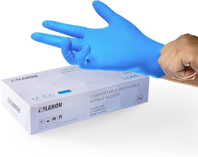 LANON Protection Blue Disposable Nitrile Gloves, Silicone-Free, Food-Safe, Chemical Resistant, Powder-Free, Textured Fingertips, Cooking, Cleaning, Case, Large