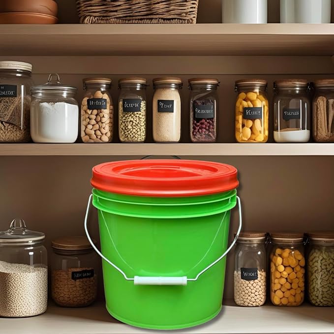 House Naturals 2 Gallon Food Grade - BPA Free Made in USA Buckets Lime Color pails with Screw On Gasket Lids (4, Lime - Red lids)