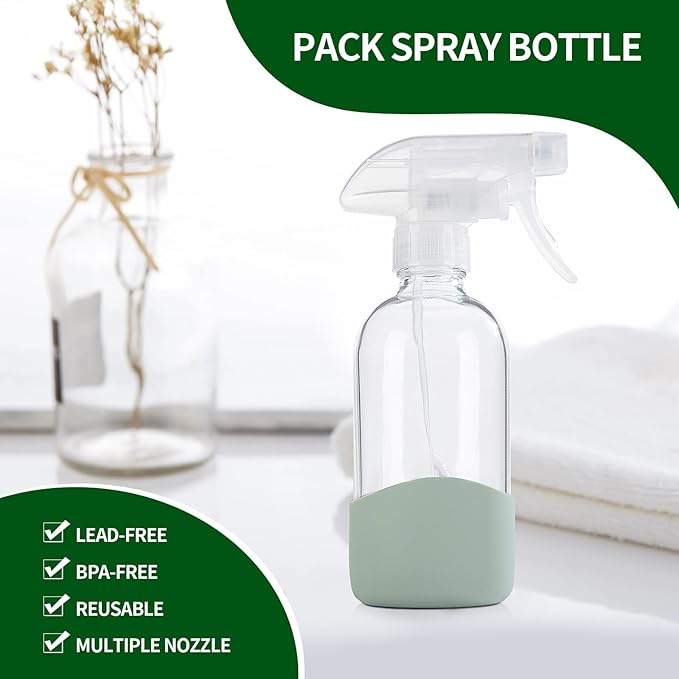 HOMBYS 8 Oz Empty Clear Glass Spray Bottles with Silicone Sleeve Protection Refillable Containers for Cleaning Solutions, Essential Oils, Misting Plants - Quality Sprayer - 1 Pack Boston Bottles