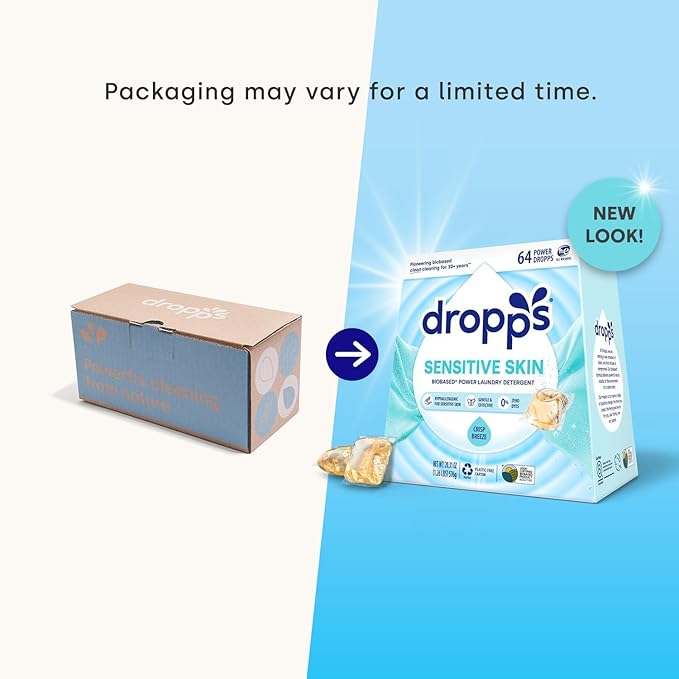 Dropps Sensitive Skin Laundry Detergent Pods, Crisp Breeze (64 Count) - Dermatologist Tested Laundry Pods - HE Compatible Laundry Supplies for Clean Clothes, Vegan & Dye-Free