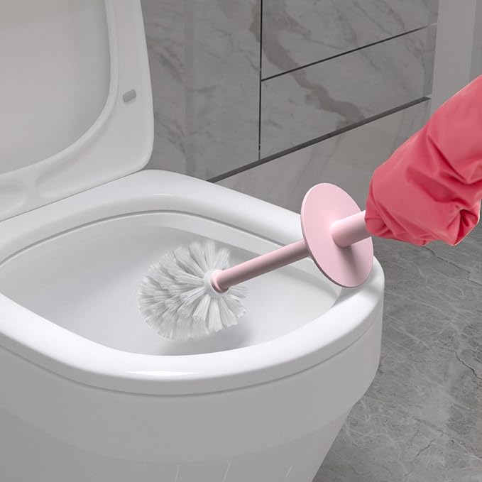 Topsky 2 Pack Compact Toilet Brush & Holder Set, Plastic Round Barrel Loo Brush with 2 Replacement Toilet Brush Head, Durable for Bathroom Toilet, Pink