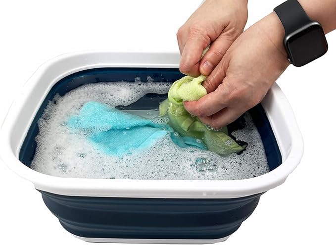 SAMMART 5.5L (1.4 Gallons) Collapsible Tub - Foldable Dish Tub - Portable Washing Basin - Space Saving Plastic Washtub (White/Indigo)