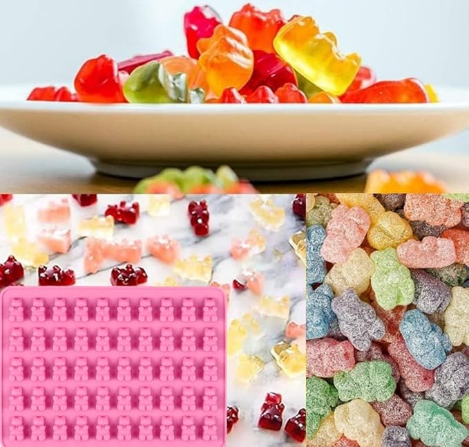 2 Piece Gummy Bear Silicone Molds, Non-Stick Chocolate Candy Mold with 2 Droppers Food Grade (Purple+Blue+Pink+Green)