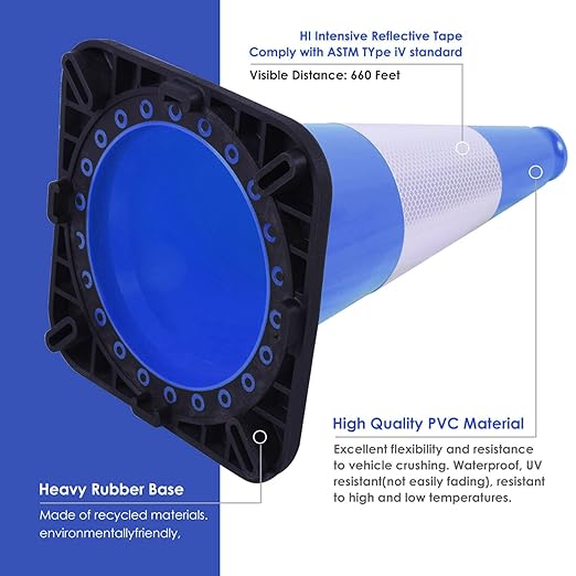 Fluorescent Orange/Green PVC Traffic Cones, Heavy Black Base Parking Lot Cone Structurally Stable Weatherproof Road Construction Safety Cones (4, Blue, 18" Medium)