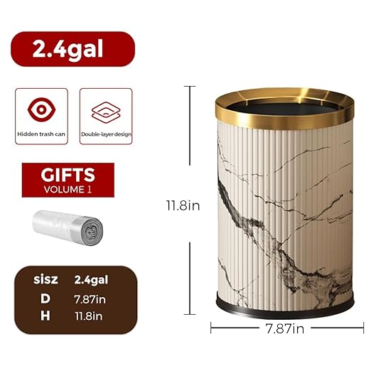 Small Fancy Bathroom Trash Can, Metal Trash Can Covered with Leather, Open Top, Hide The Garbage Bag,for Bathroom, Living Room, Bedroom, Office, Bank, Hotel (9L-Ink Painting)