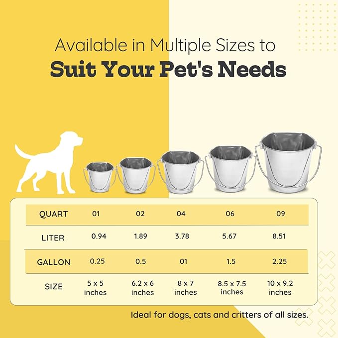 2 Quart Stainless Steel Flat Side Bucket | Durable Heavy Duty Food & Water Feeding Pails for Small Pet Birds Dog Cat | Fits kennels Cages Critter Crates Hanging Pail | Multipurpose Bucket