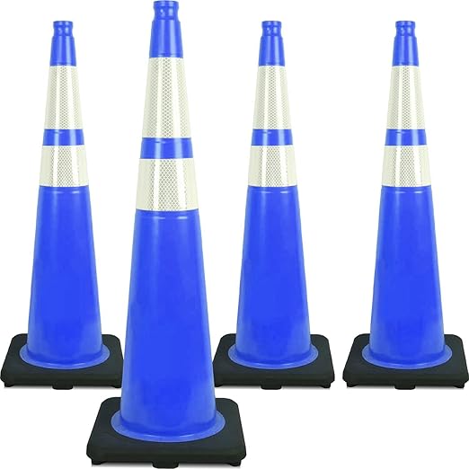 Fluorescent Orange/Green PVC Traffic Cones, Heavy Black Base Parking Lot Cone Structurally Stable Weatherproof Road Construction Safety Cones (4, Blue, 36" Extra Large)