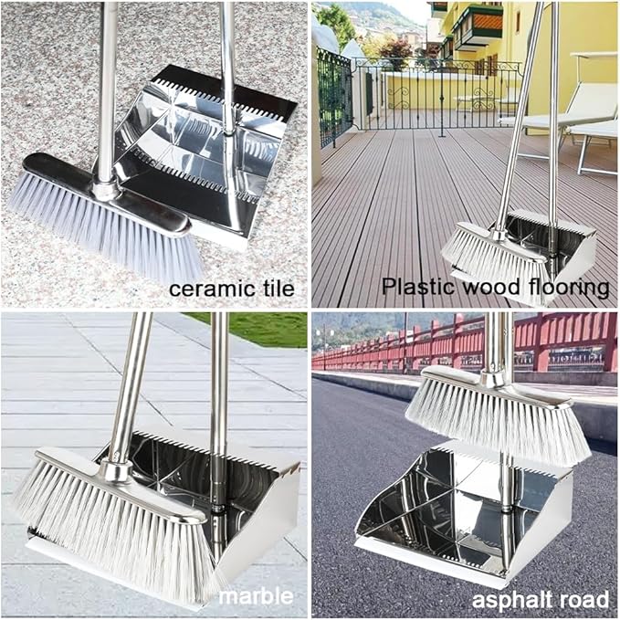 Metal Dustpan with Broom Set, Long Handle Stainless Steel Dustpan,Heavy Duty Standing Dust Pan with Teeth, Indoor Outdoor Up for Home Kitchen Lobby Room Office