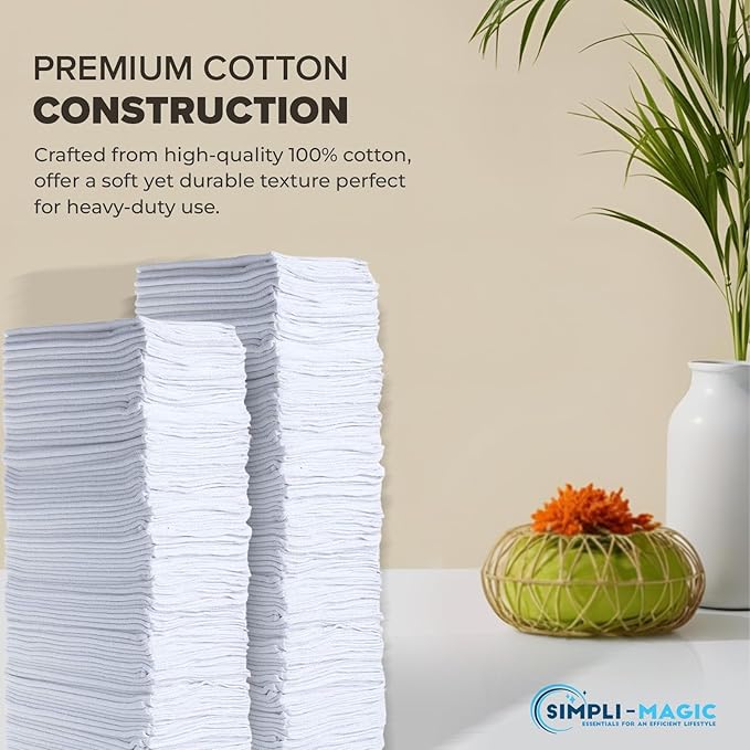 SIMPLI-MAGIC Cotton Shop Towels 14"x12" (100 Pack) – Reusable Cleaning Shop Rags for Automobiles, Industries, Garage and Homes (White)