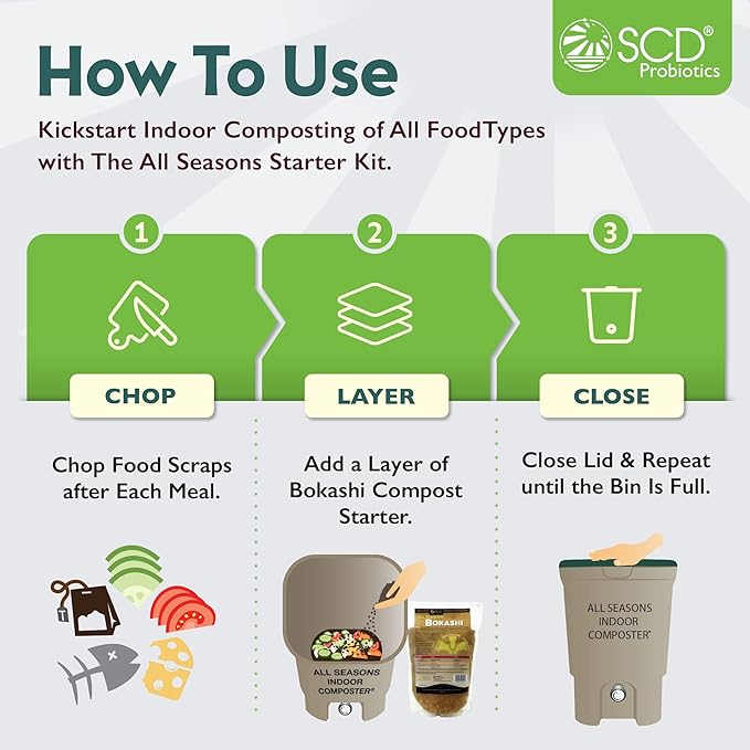 All Seasons Indoor Composter Starter Kit - Two Family-Sized Composting Bins for Kitchen Countertop and Bokashi Bran Starter 5 lb (2 gallons), Easily Compost Food After Every Meal, Odor Free