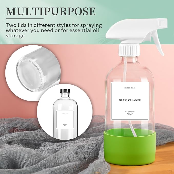 4 Pack Glass Spray Bottles with Silicone Sleeve,16oz Clear Glass Spray Bottles Refillable Empty Bottle with Adjustable Nozzle,Spray Bottle for Cleaning Solutions,Essential Oils,Pets,Hair
