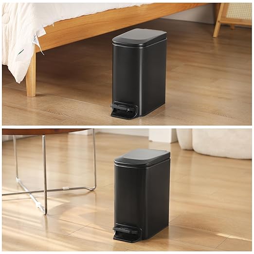 Slim Bathroom Trash Can with Lid Stainless Steel Garbage Can with Removable Inner Bucket Small Wastebasket with Step Pedal for Toilet Office Bedroom (Matte Black, 1.8 Gallons)