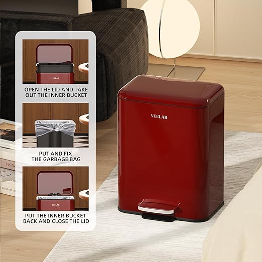 Small Bathroom Trash Can - Mini Step Garbage Can with Lid, Stainless Steel Trash Bin for Bedroom, Office ,Living Room(Red, 6 Liter / 1.6 Gallon)
