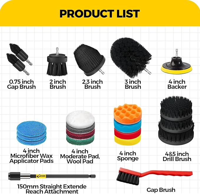 Holikme 22Pack Drill Brush Attachments Set, Scrub Pads & Sponge, Buffing Pads, Power Scrubber Brush, Car Polishing Pad Kit,Wax Applicator Pad,Car Cleaning Kit,Cleaning Supplies,Masonry Brushes,Black