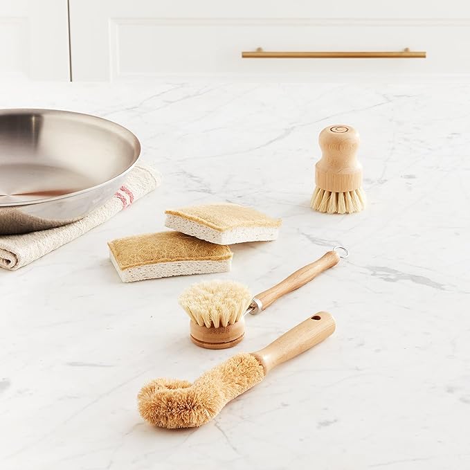 Tieralia Bamboo Dish Brush Gift Set – 5-Piece Kitchen Cleaning Bundle with Bottle Brush, Palm Brush, Scrub Brush & Sponge Pads | Elegant Wood Handles, Scratch-Safe Bristles, Giftable Packaging