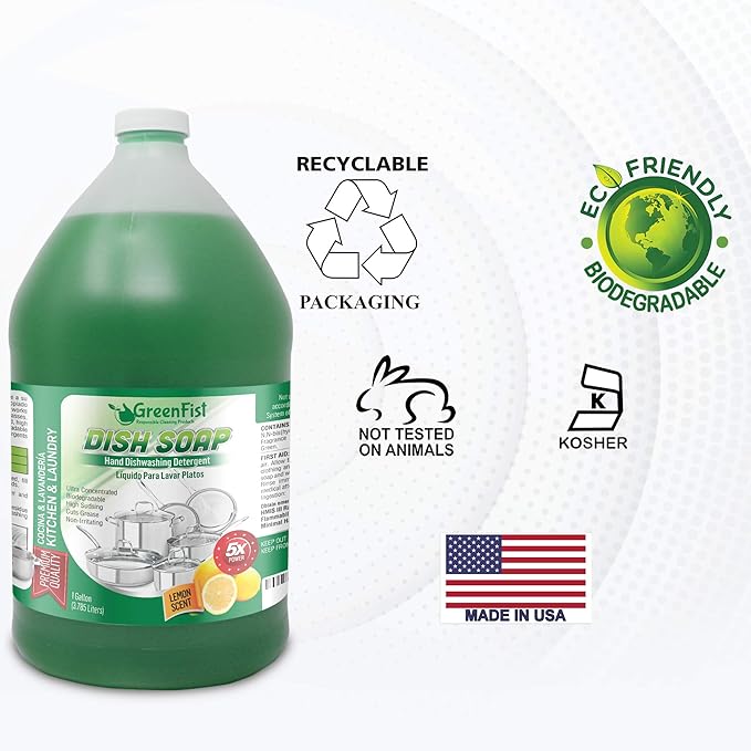 GreenFist Dish Soap Professional Detergent Liquid Pot & Pan Dish-Wash - Light or Heavy Use (Green Dish Soap 1 Gallon W/Sponge & Pump)
