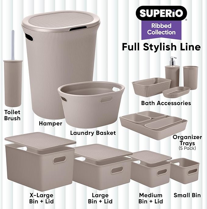 Superio Plastic Toilet Bowl Brush and Holder Set, Decorative Cleaner Scrubber for Bathroom (2, Taupe)