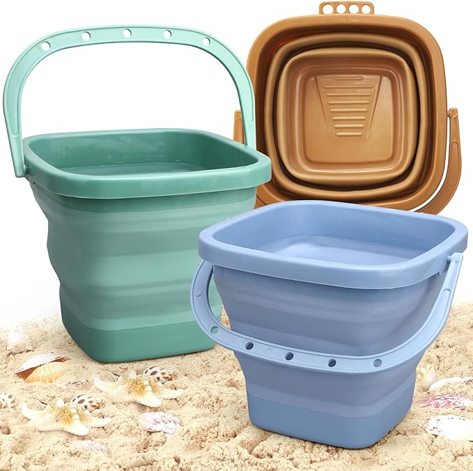 Dilabnba 3-Pack Collapsible Beach Buckets with Mesh Bag, Silicone Sand Water Pails for Kids, Easter Buckets, Portable Beach Toys for Travel, Camping, Fishing, Summer Fun