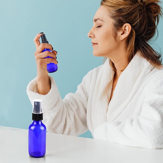 Wedama Glass Spray Bottles, Mini Spray Bottles 2 oz, Empty Small Spray Bottles with Funnel Dropper, Fine Mist for Hair, Travel, Plants, Cleaning Solutions and Skin Care (4 Pack Blue)