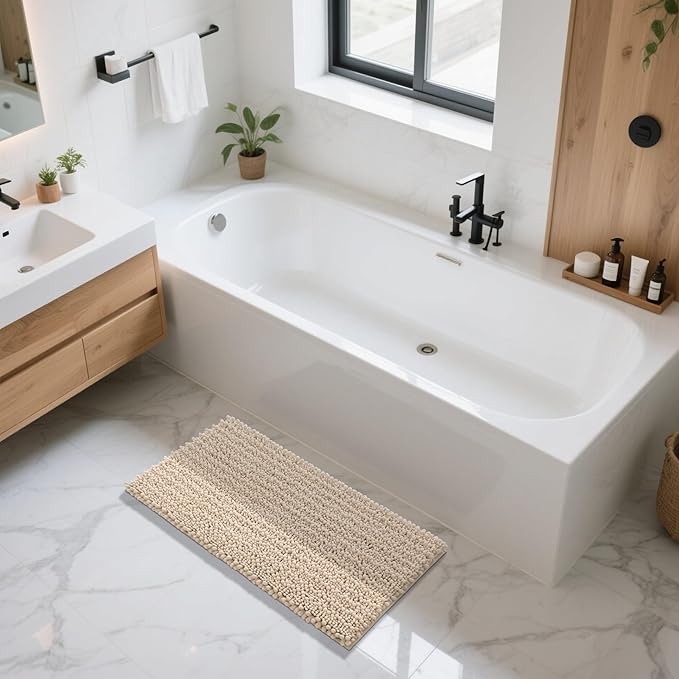Yimobra Long Bathroom Rugs Non Slip Washable 44x24 Inch - Ultra Soft Absorbent Chenille Bath Mat, Quick Dry Shaggy Floor Carpet for Tub Shower, Light Brown Home Decor Accessories