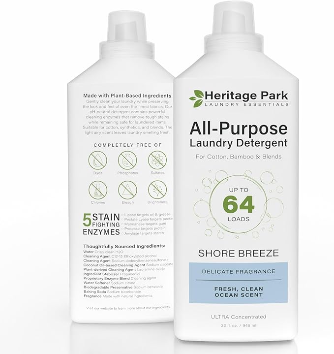 Heritage Park Luxury Laundry Detergent | Dermatologist Tested Plant based Natural & Enzyme Laundry Detergent | Sensitive Skin Friendly - Shore Breeze (32 fl oz)