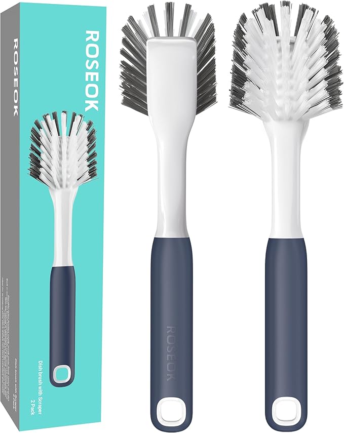 Dish Brush with Built-in Scraper,Kitchen Scrub Brush for Cleaning Dishes,Pots,Non-Stick Pans and Sinks,Navy Blue,2 Pack