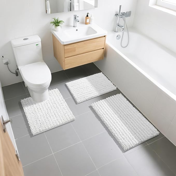 Yimobra Bathroom Rugs Non Slip Washable 24x17 Inch - Ultra Soft Absorbent Chenille Bath Mat, Quick Dry Shaggy Floor Carpet for Tub Shower, White Home Decor Accessories