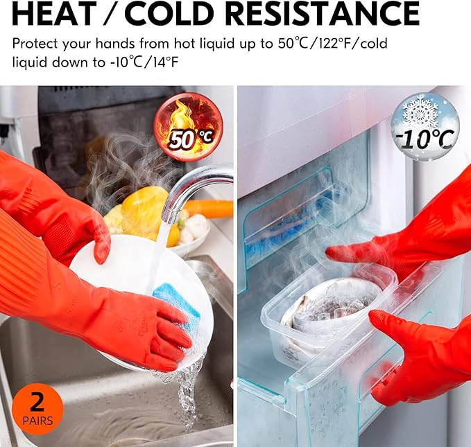 Vgo 2-Pairs Dishwashing Gloves - Reusable Household Kitchen Gloves, Long Sleeve, Thick Latex, Cleaning, Washing, Working, Painting, Gardening, Pet Care (Size M, Red, RB2143)