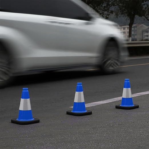 Fluorescent Orange/Green PVC Traffic Cones, Heavy Black Base Parking Lot Cone Structurally Stable Weatherproof Road Construction Safety Cones (4, Blue, 12" Small)