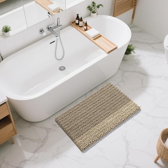 Yimobra Large Bathroom Rugs Non Slip Washable 36x24 Inch - Ultra Soft Absorbent Chenille Bath Mat, Quick Dry Shaggy Floor Carpet for Tub Shower, Pale Khaki Home Decor Accessories