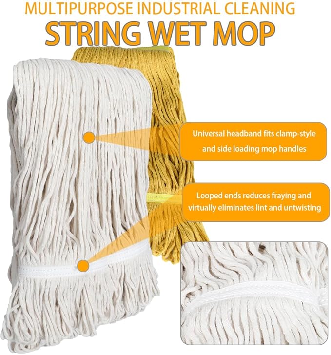 Wet String Mop for Floor Cleaning, Heavy Duty Mop with 2 Reusable Heads, Long Handle Industrial Cotton Mop for Restaurant Home Garage Office Patio Warehouse (Black)