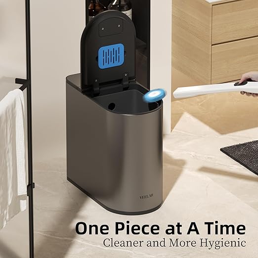 Bathroom Trash Can with Lid - Motion Sensor Smart Garbage Bin with Toilet Brush, 2 Gallon / 7L Small Automatic Trash Can, Odor-Control for Bathroom (Grey)