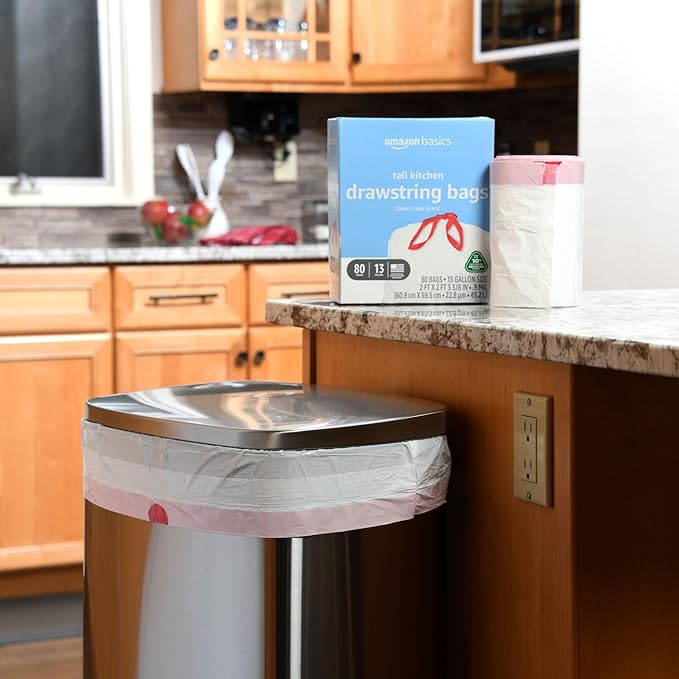 Amazon Basics 13 Gallon Tall Kitchen Drawstring Trash Bags, Clean Fresh Scent, 10% Post Consumer Recycled, 80 count