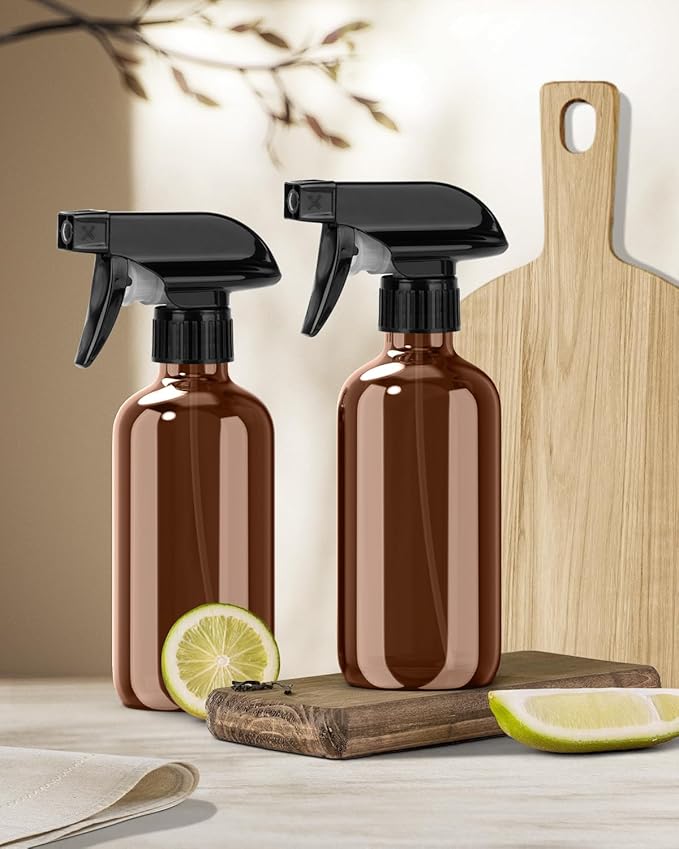 Glass Spray Bottle, Amber Glass Spray Bottle Set & Accessories Refillable for Plants Window Cleaners Aromatherapy Facial Hydration Watering Flowers Hair Care (2 Pack/8 oz) (Amber)