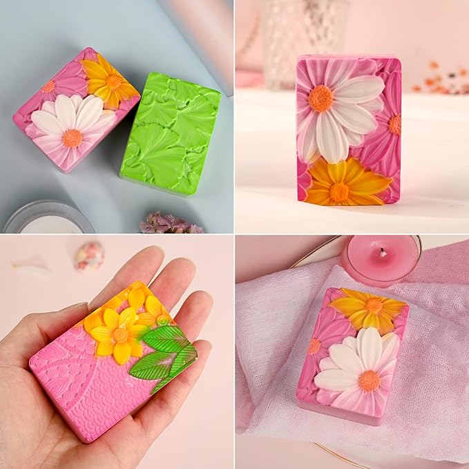 HUAKENER 2 Pack Silicone Soap Molds, Rectangle Soap Making Mold, 3D Rectangular Flower Pattern Silicone Molds for Handmade Soap, Bath Bombs, Candle, Chocolate