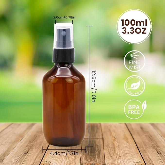 TRENDBOX 24 Pack 3.4oz Amber Spray Bottles, Small Fine Mist Mister Plastic Travel Bottles, Empty Bottles Set for Essential Oils Hair