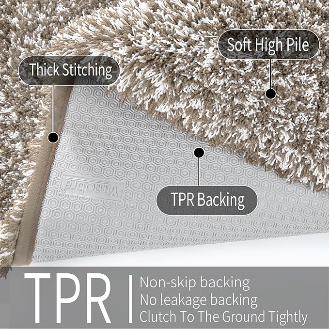 Yimobra Bathroom Rug Set 2 Piece, Soft Absorbent Microfiber Bath Mat Set, Non Slip Machine Washable Dry, Plush Shaggy Shower Rugs for Bathroom Floor, 32"x20"+24"x17", Light Brown and White