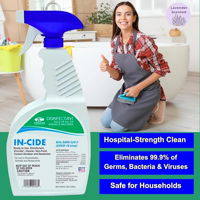 In-Cide Hospital Grade Disinfectant Spray - EPA Registered Cleaner Kills 99.9% MRSA, Norovirus Medical Grade for Home Office Clinic - Lavender Scent (2 x 24 oz Bottles)