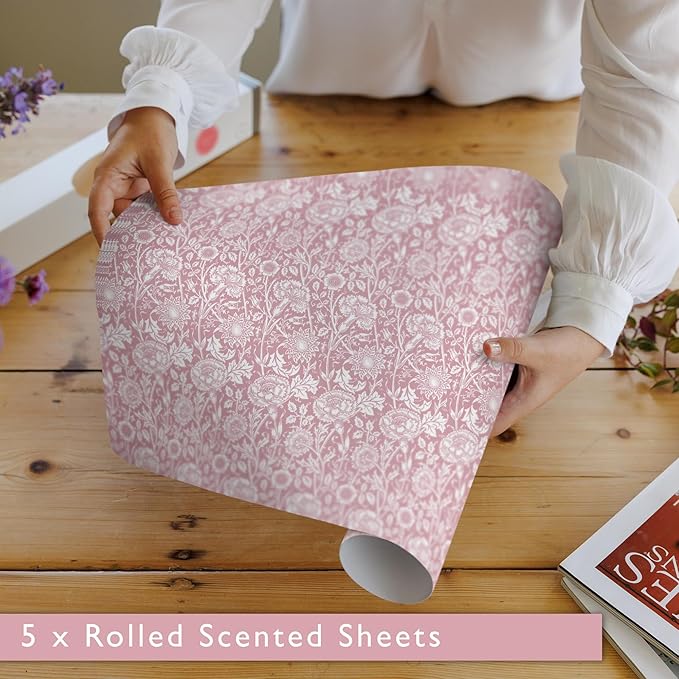 The Master Herbalist Rose Scented Drawer Liners in a Pink William Morris Design. Contains Rose Essential Oil | Pack of 5 Folded Sheets | Contains Essential Oils | Made in The UK.