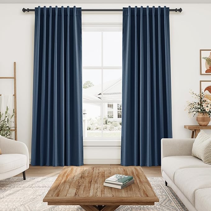 2 Panels Set Denim Blue Linen Curtains 120 Inch Length Extra Long 10 FT Back Tab Pocket High Ceiling to Floor 10FT Thermal Insulated Total Light Blocking for Dining Room Cottage Windows 52x120